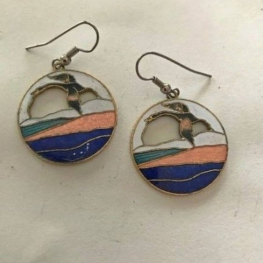 Seagull Earrings Hooks Cloisonne Beach Island VTG
